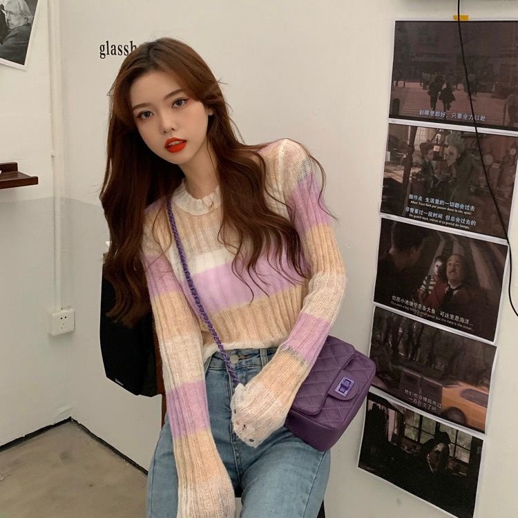 Áo sweater Mỏng Cổ Tròn Mềm Mại Phối Màu Tương Phản Phong Cách Hàn Quốc Thời Trang Xuân Thu Cho Nữ