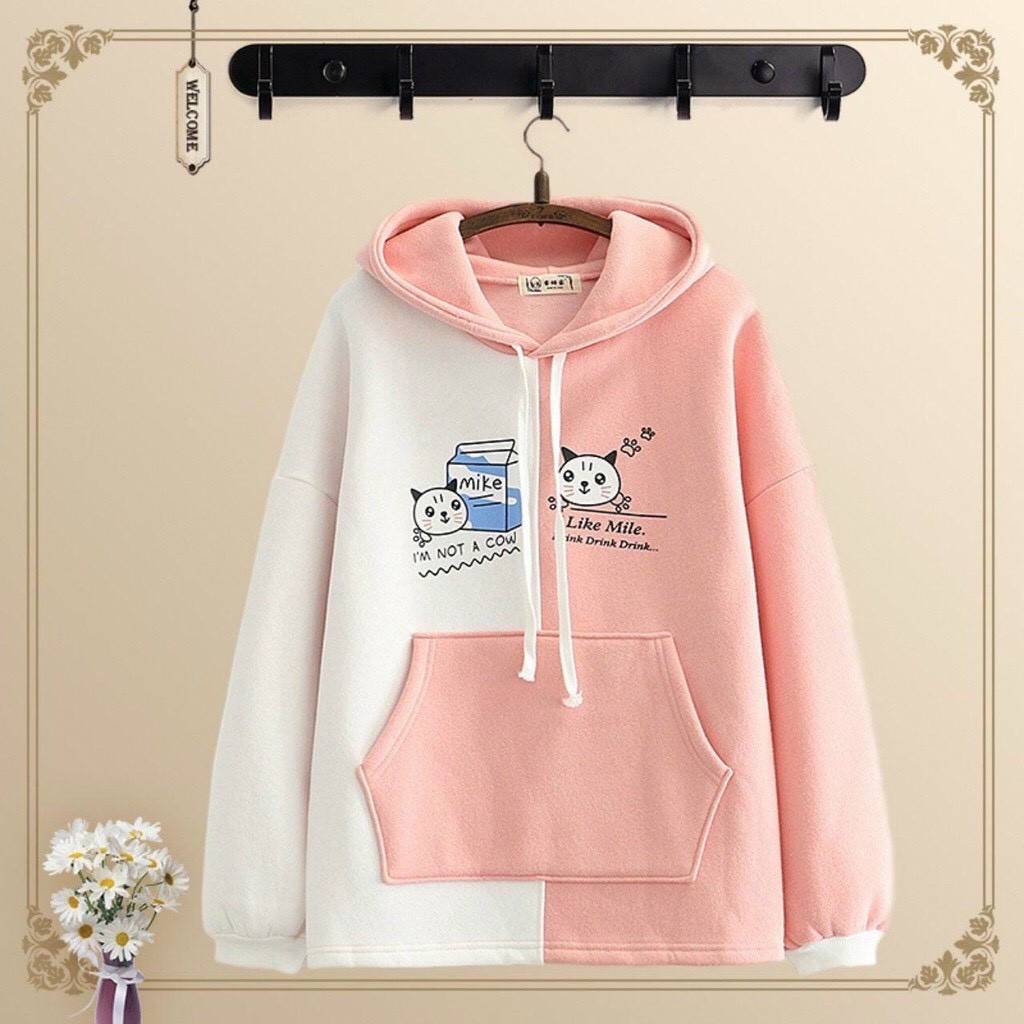 Áo khoác hoodie nam nữ unisex form rộng  FREESHIP  Áo hoodie nữ Mèo MILK phối hai màu siêu xinh mẫu mới 2020