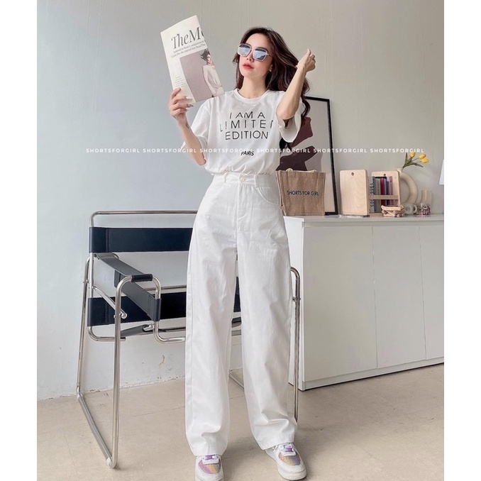 Quần jean nữ ống rộng lưng cao màu trắng trơn chất KAKI Hot trend H.N.M STORE