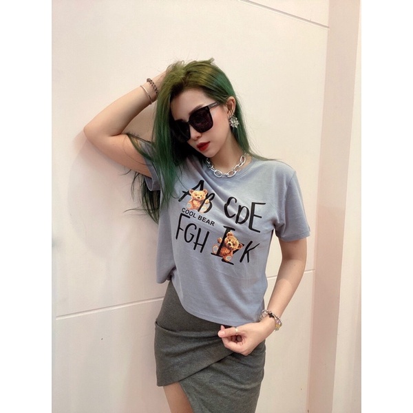 Áo croptop ngắn tay cổ tròn in con gấu 4 màu vnxk