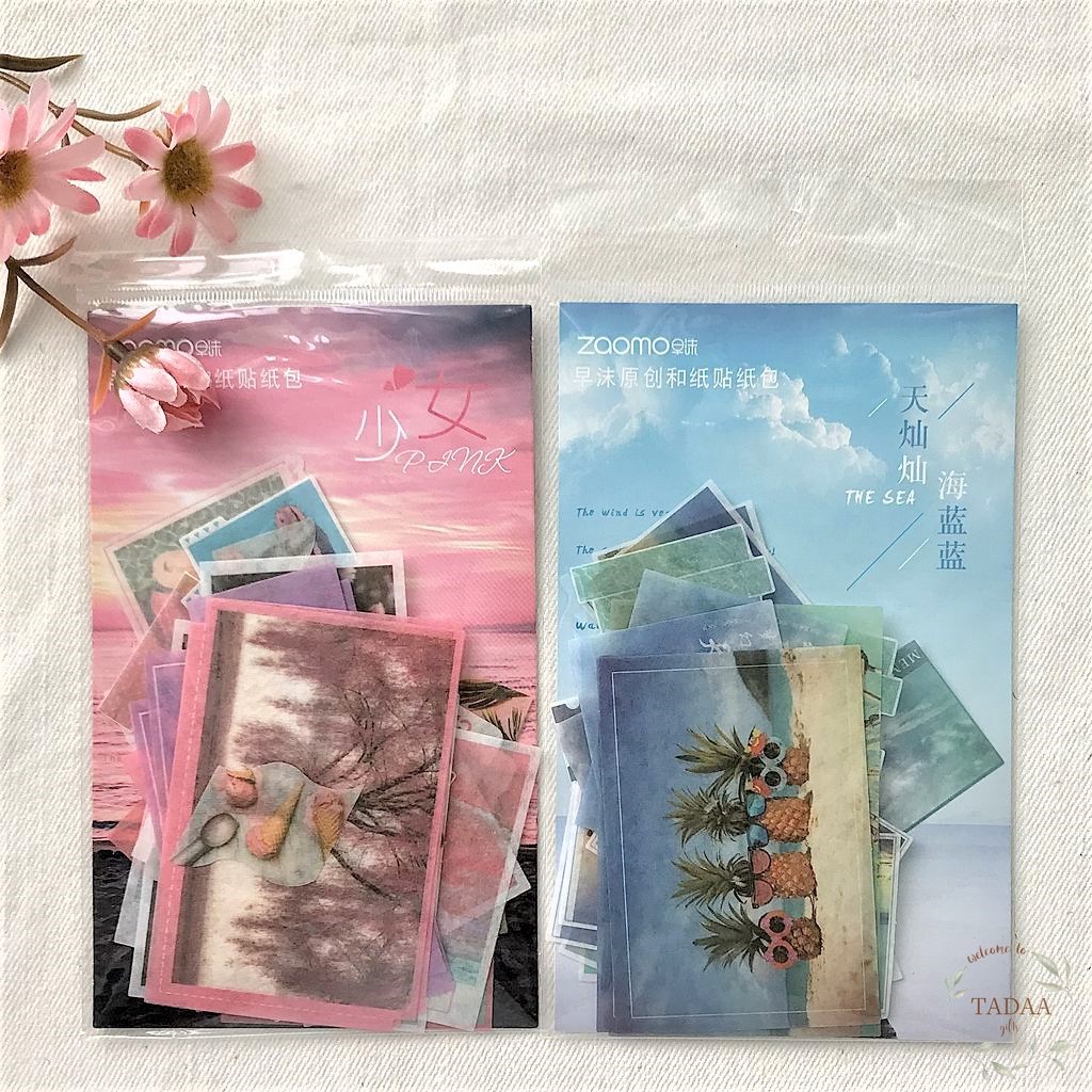 Set 40 sticker vintage biển, trời xanh và hoa lá hồng retro