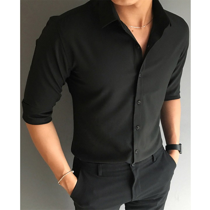 Áo Sơ Mi Nam Đen Dáng Ôm Body Hàn Quốc Chất Lụa Chống Nhăn Thoáng Mát Thấm Mồ Hôi