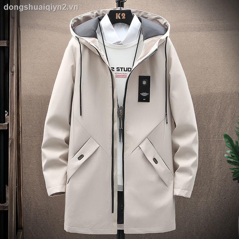 Men s casual windbreaker spring new style Korean trend handsome all-match mid-length hooded spring and autumn jacket