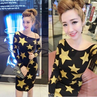 Đầm thun in sao lệch vai body