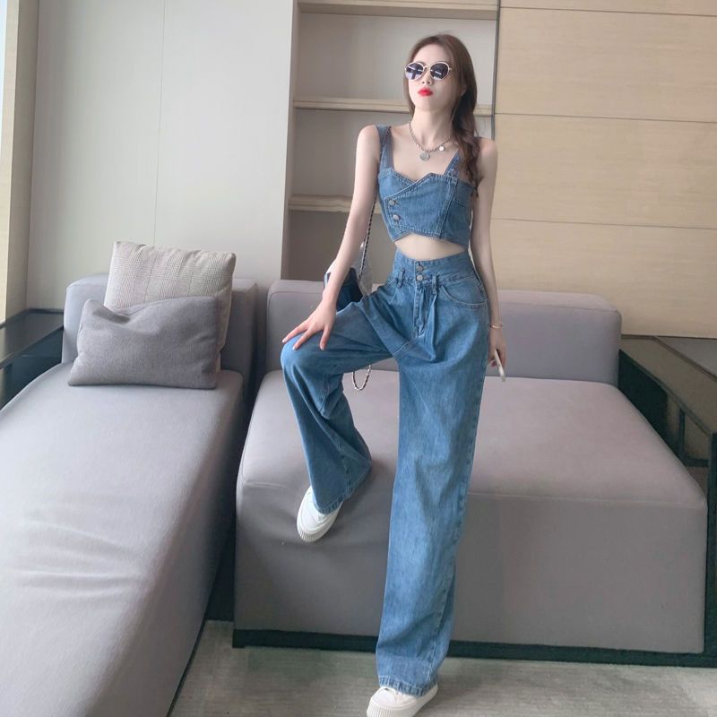 Set áo 2 dây và quần jeans denim thời trang cá tính cho nữ 2024