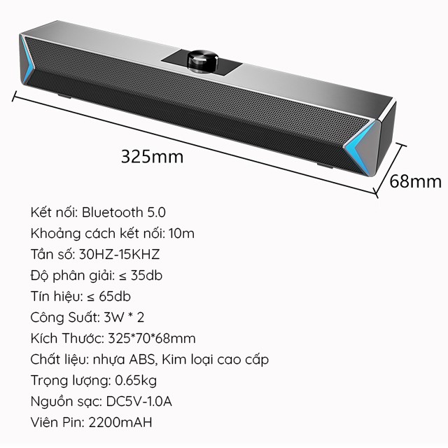 Loa Thanh Soundbar Bluetooth 5.0 SADA D6 Có Đèn LED Xanh Dùng Cho Tivi - Máy Vi Tính PC - Laptop Loa Công Suất Lớn
