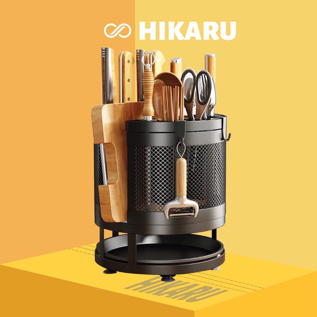 Kệ Để Dao Thớt Thìa Đũa Xoay 360 Độ HIKARU_HK-PB-014_Đựng Đồ Đa Năng, Inox, Thép Sơn Tĩnh Điện, Đựng Trọn Bộ Dụng Cụ