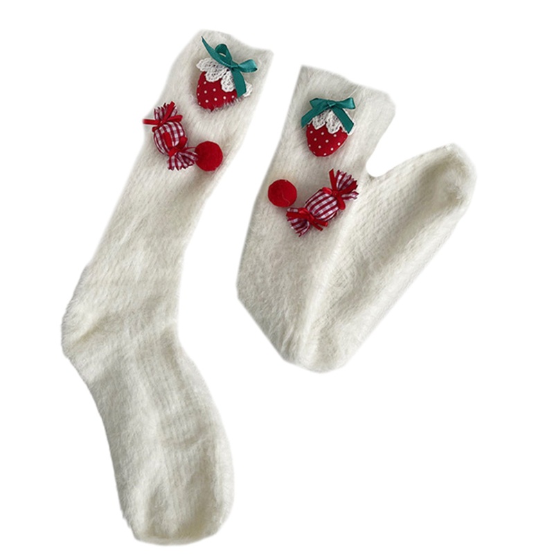 Tất Lông Xù Dài Qua Gối Hình Trái Dâu Tây Đáng Yêu Dành Cho Nữ