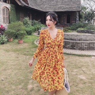 Đầm hoa voan cổ v