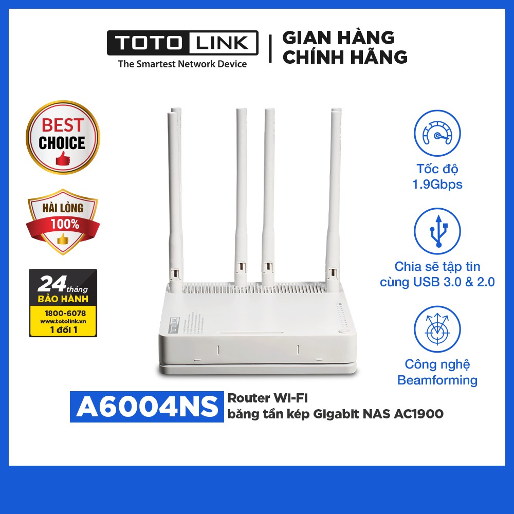 Cục phát wifi router wifi băng tần kép băng tần kép Gigabit NAS chuẩn AC 1900Mbps A6004NS TOTOLINK