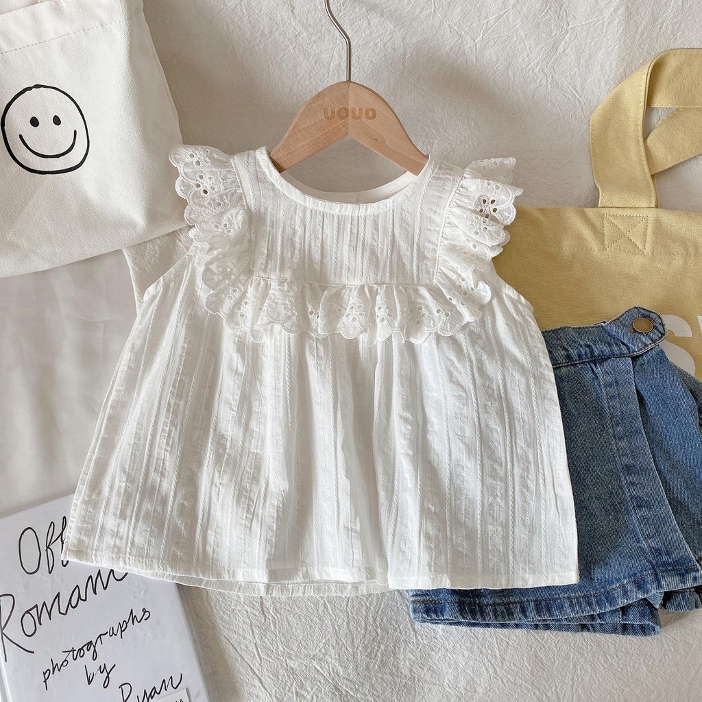 Hàng Mới Về Áo Sơ Mi Cotton Không Tay Phối Ren Phong Cách Nhật Hàn Mẫu Mới 2021 Thời Trang Mùa Hè Cho Bé Gái