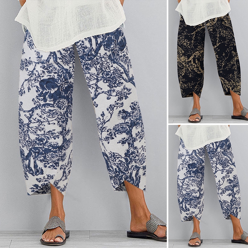 Quần ZANZEA Ống Rộng Lưng Thun Thoải Mái Họa Tiết In Thời Trang Cho Nữ