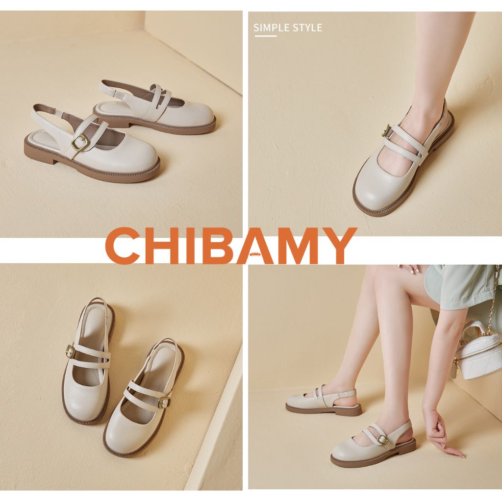 Giày Lolita hở gót có quai hậu CHIBAMY dế bằng, chất da mềm phong cách cổ điển