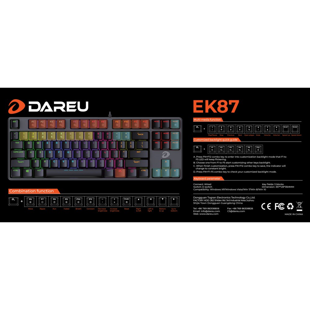 [kho sẵn sàng] Bàn phím cơ Gaming DAREU DK87/EK87-Black (RED Led, Brown,Blue, Red switch)