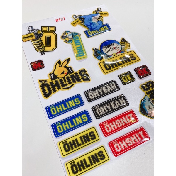 Decal tem nổi mẫu Pikachu ohlins..., tem cao cấp dán xe máy, ô tô, mũ bảo hiểm chống thấm nước, chống bay màu