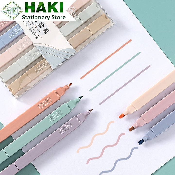 Bút highlight pastel 2 đầu HAKI, bút đánh dấu nhớ dòng morandi trang trí sổ bullet journal văn phòng phẩm B51