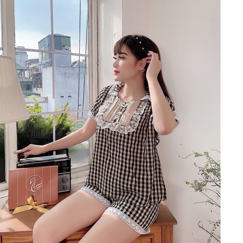 Bộ ngủ thô kẻ caro phối ren sang chảnh | BigBuy360 - bigbuy360.vn