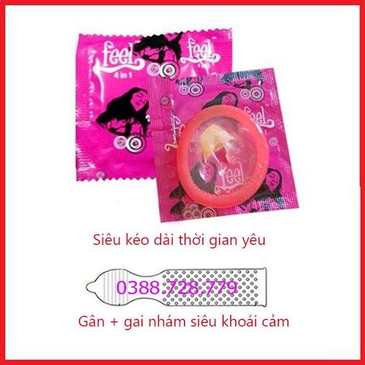 Bao cao su kéo dài thời gian Feel 4 in 1 gân gai nổi li ti hộp 12 cái