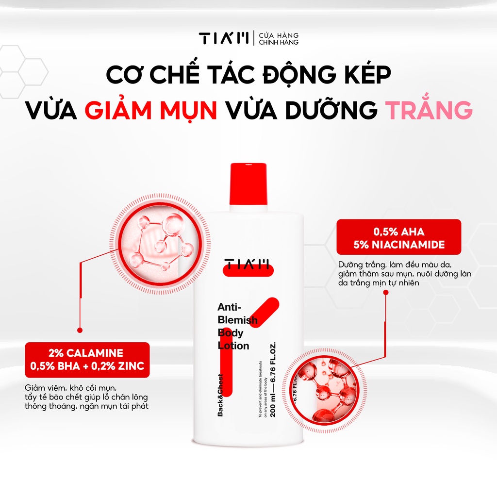 Sữa Dưỡng Thể Giảm Mụn, Dưỡng Trắng Body Calamine, AHA, BHA Tia'm Anti-Blemish Body Lotion 200ml