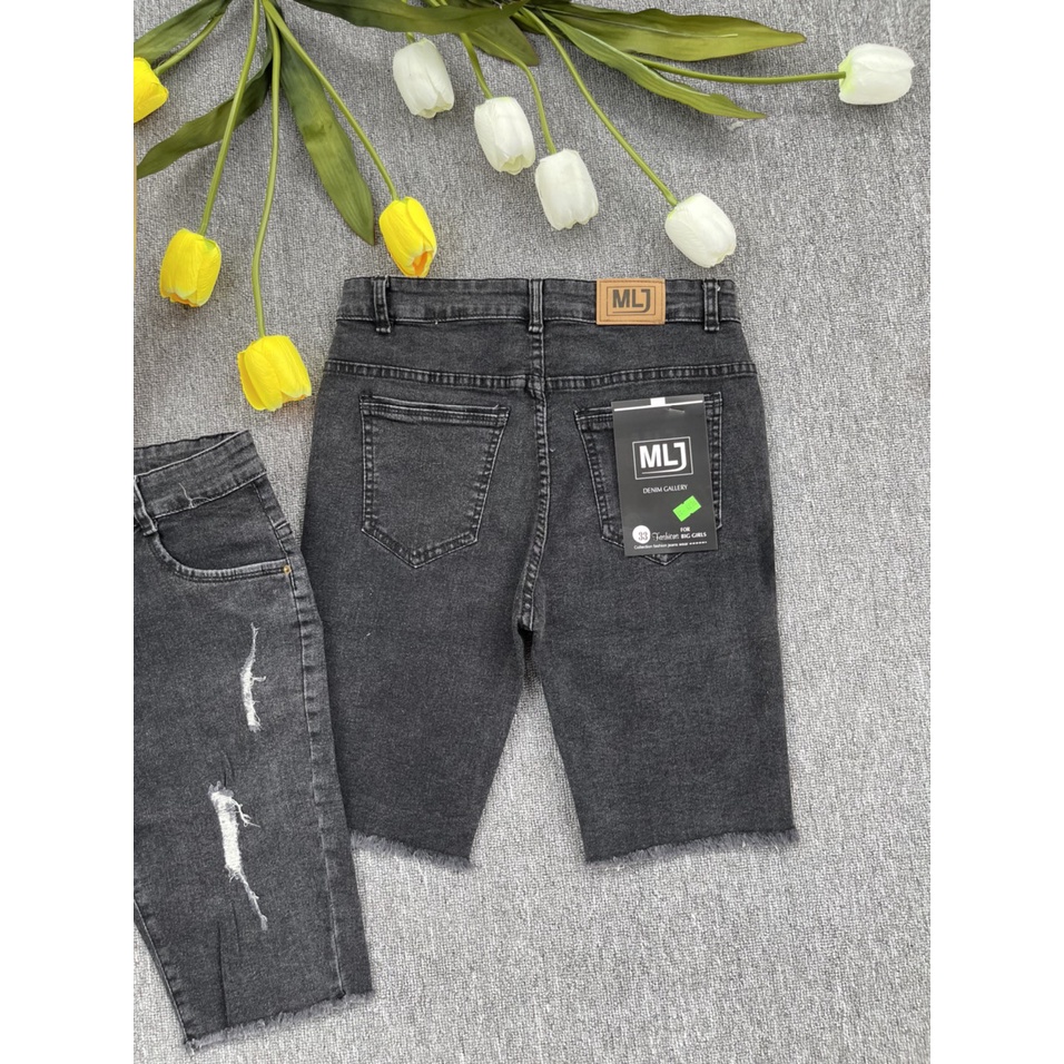 Quần jeans ngố dành cho BigSize Lưng cao, co dãn mạnh, màu xám lông chuột rách kiểu 4276 MLJ