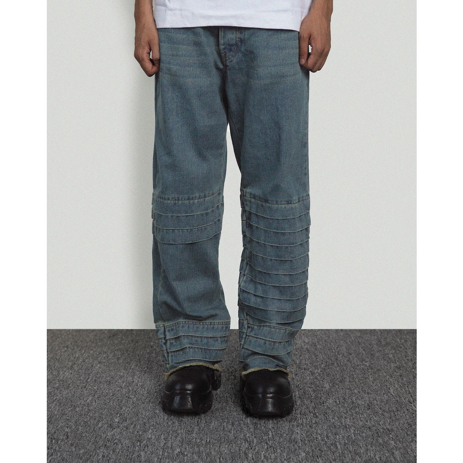 Quần denim kaki "GOLDIE DIVISION WASHED BLUE" giặt mài xếp li