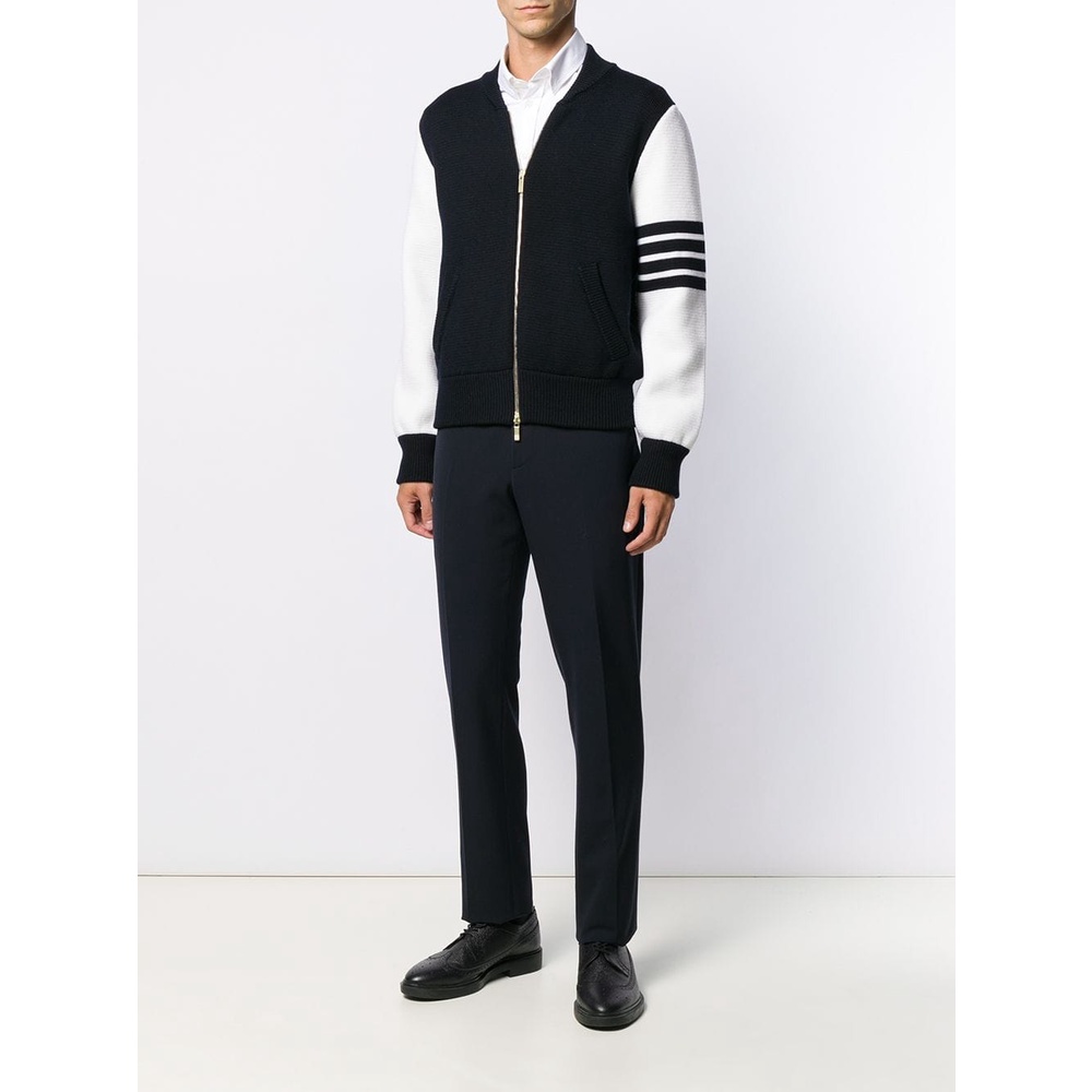 Áo khoác len lông cừu Thom Brow.ne 4-Bar Varsity zip up 809 hàng thiết kế tay áo kẻ sọc cực sang trọng