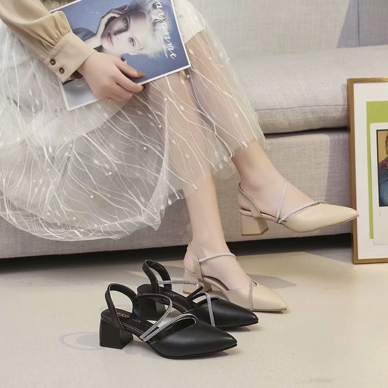 Giày sandal xỏ chân IELGY mũi nhọn đế dày đính đá giả thời trang cho nữ
