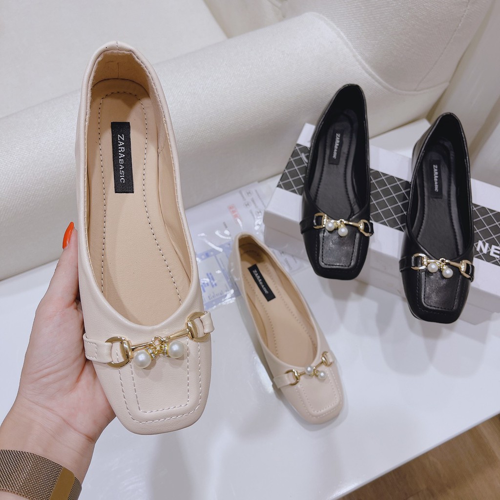 Giày búp bê nữ phối quai ngọc mũi vuông xinh xắn