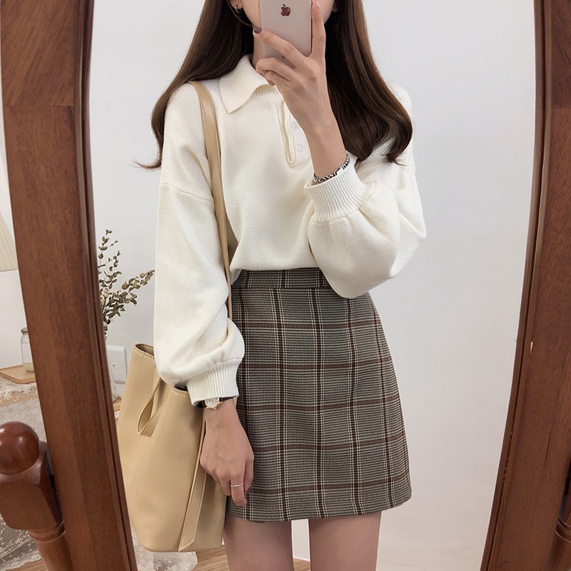 Áo Len Cổ Polo Tay Phồng Phong Cách Ulzzang