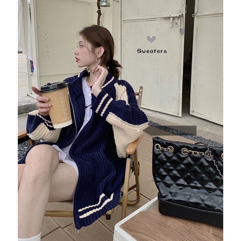 Áo Khoác Sweater Mỏng Tay Dài Màu Sắc Tương Phản Phong Cách Retro Nhật Bản Dành Cho Nữ