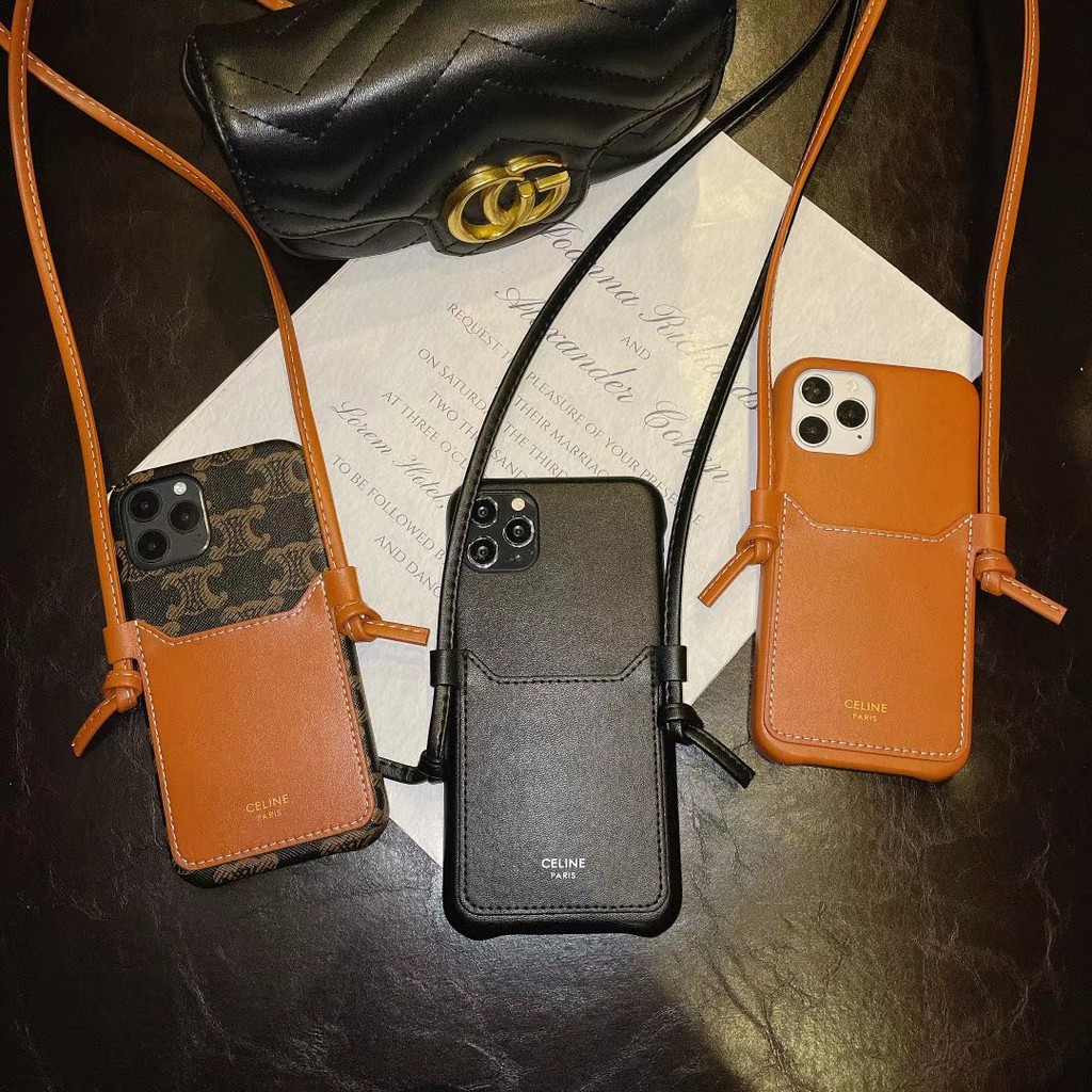 Ốp điện thoại da Celine có ngăn đựng thẻ phía sau và dây đeo cho iphone 11 12 pro max xr xmax | BigBuy360 - bigbuy360.vn