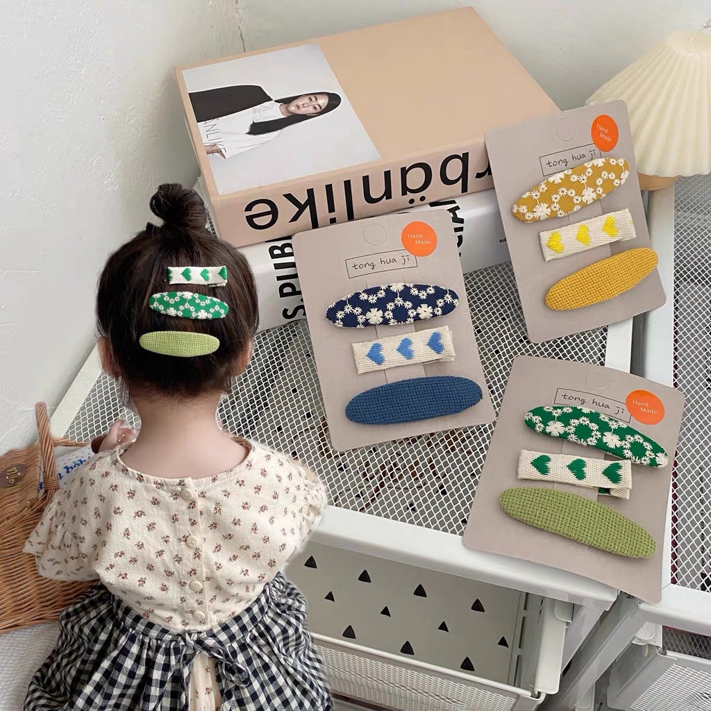 Set 3 kẹp tóc vải thêu thủ công phong cách Hàn Quốc dễ thương cho nữ