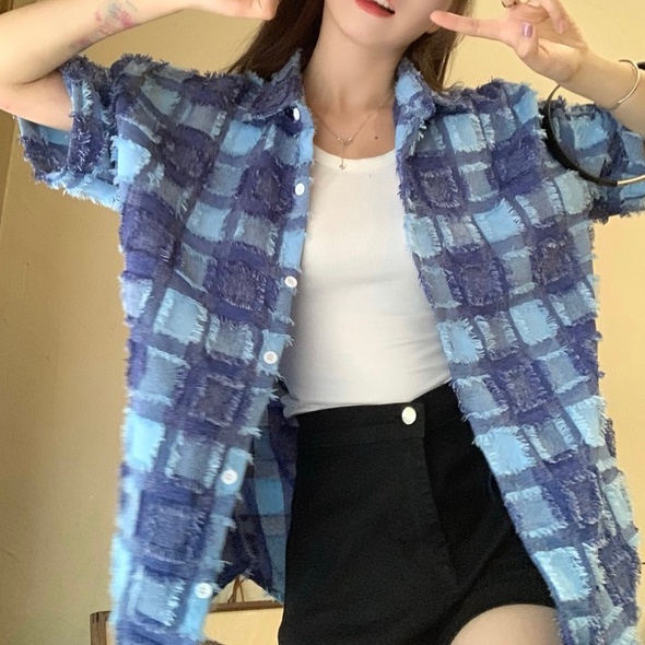 【ZHELIHANGFEI】Áo Sơ Mi Nữ Tay Ngắn Dáng Rộng Họa Tiết Caro Dễ Phối Đồ
