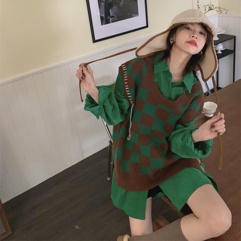 Set Áo Sơ Mi Tay Dài Sọc Ca Rô Phối Áo Khoác Ghi Lê Dệt Kim Thời Trang Hàn Quốc 2022