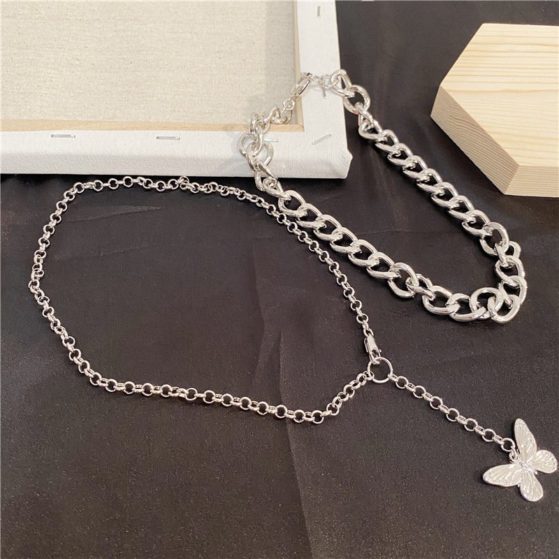 Vòng cổ dây xích hai lớp to nhỏ thả điệp dây chuyền nam nữ phong cách cá tính thời trang