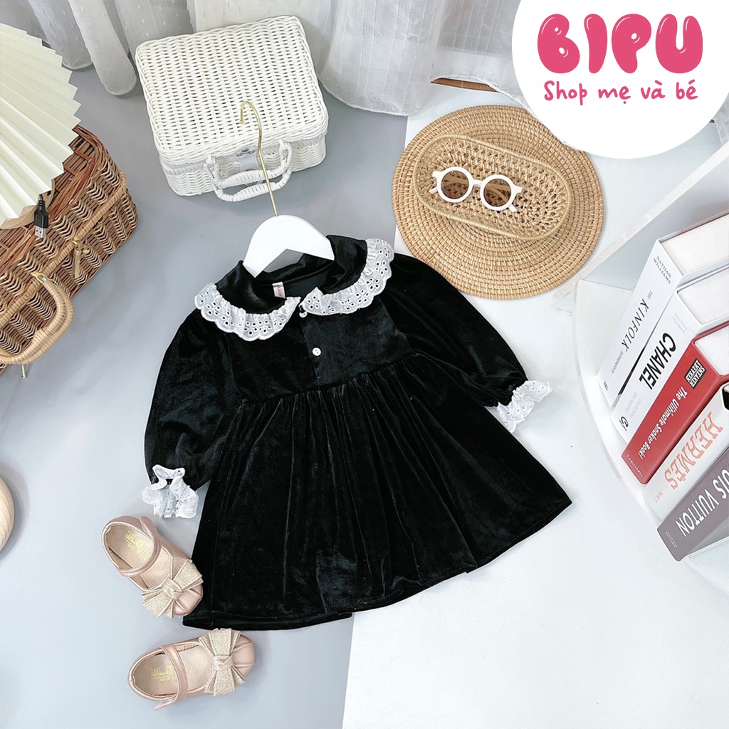 Váy Nhung Bipu Phối Cổ Ren Bánh Bèo Điệu Đà