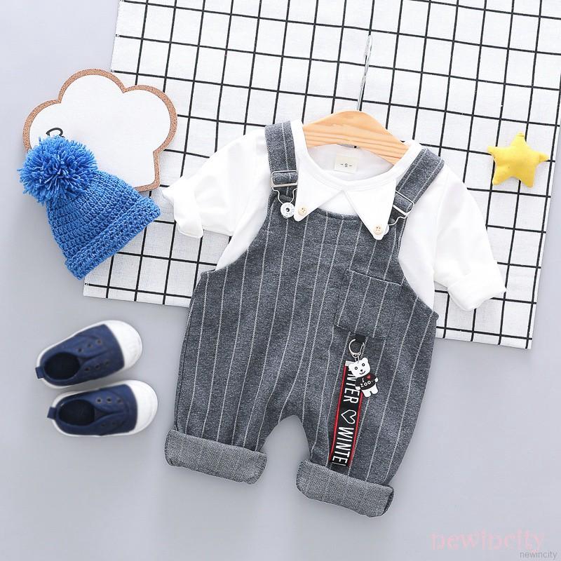 Set áo thun dài tay + Quần yếm phong cách Hàn Quốc dễ thương cho bé