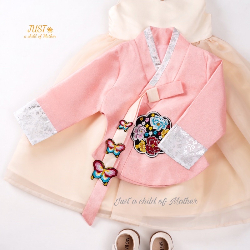 Váy Hanbok bé gái Kkoch Jasu, Hàn phục thêu hoa,Vải Tafta lụa phủ voan, dáng dài Size 1-10 tuổi