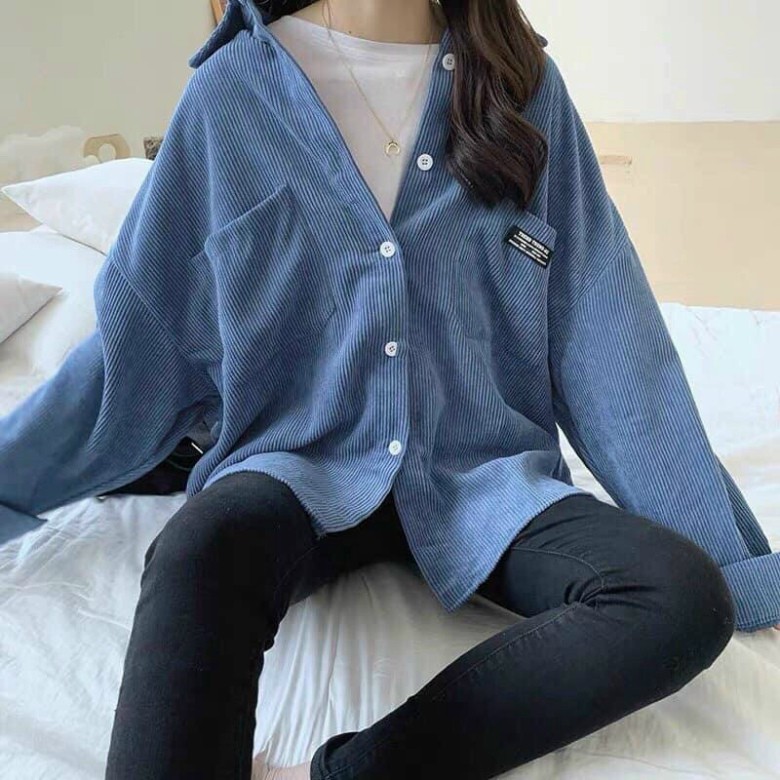 Áo sơ mi nhung tăm unisex fom rộng , áo sơ mi nam nữ oversize nam nữ từ 40 đến 70kg AS01 ao.vn