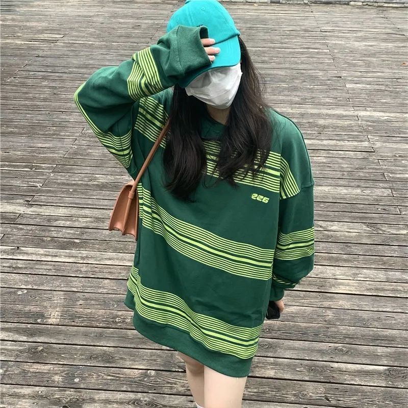 Áo Hoodie Tay Dài Cổ Tròn Form Rộng Họa Tiết Kẻ Sọc Phong Cách Hip Hop Mới Cho Cặp Đôi