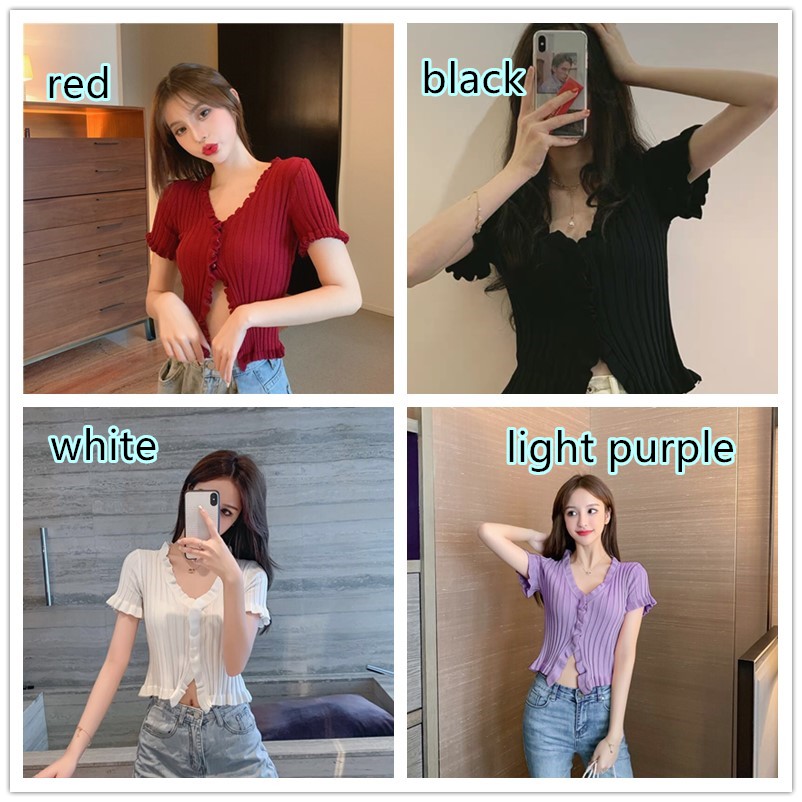 Áo dệt kim tay ngắn thiết kế xẻ trước phong cách Jennie BLACKPINK điệu đà thời trang cho nữ | BigBuy360 - bigbuy360.vn