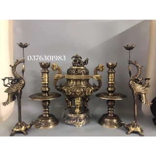 Bộ đỉnh đồng  song long chầu nguyệt hàng đúc thủ công cao 55 cm , bộ nến hạc cao 55cm