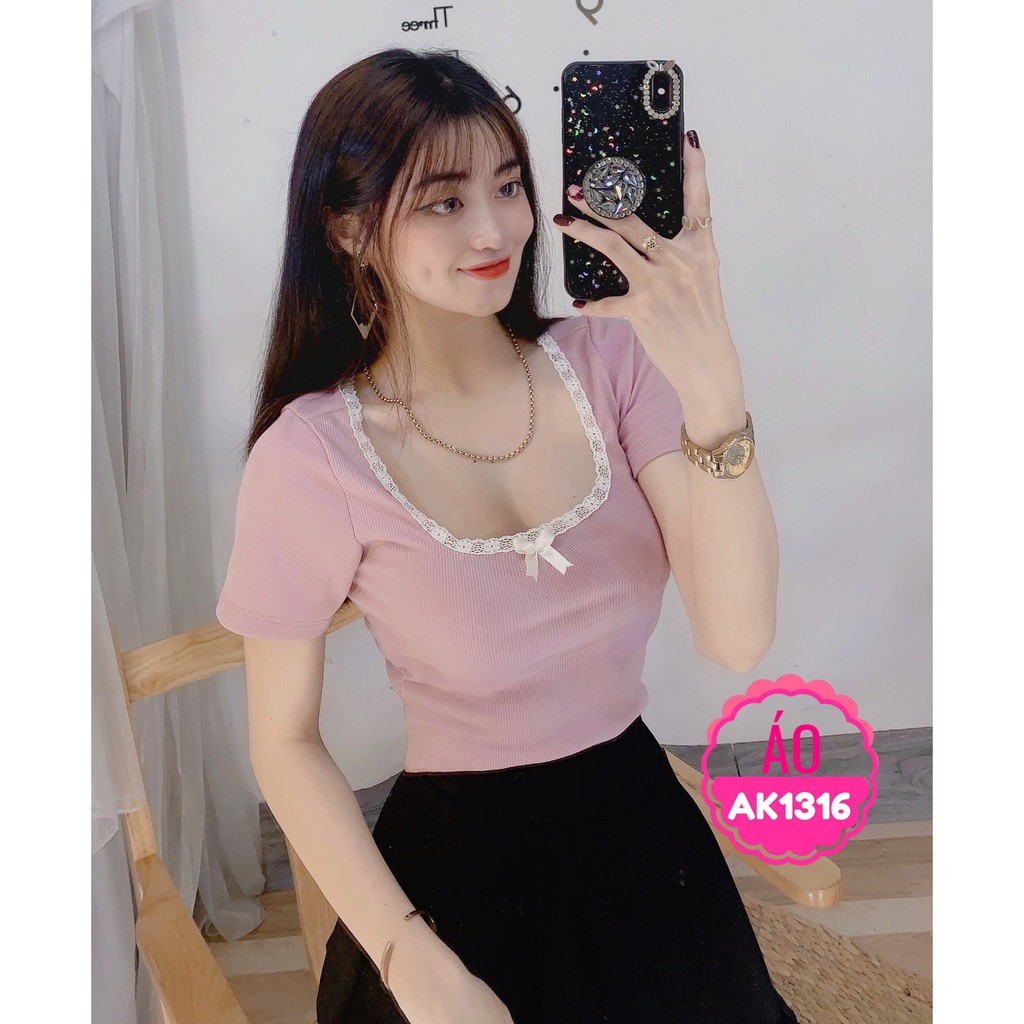 Áo thun gân nữ nhiều màu siêu xinh 🛑 Áo thun gân ôm boby cổ tròn tay ngắn phối nơ xinh xắn AK1316