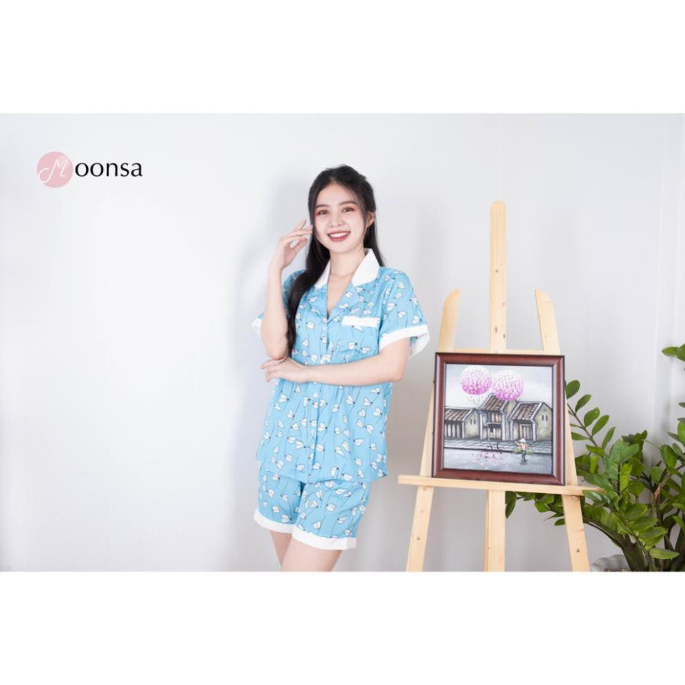 Bộ đồ ngủ pijama lụa cao cấp Bạch Hoa Thanh [Moonsa] Quần Đùi - Mặc Thoáng Mát - Không Nhăn Nhàu, Không Xổ Lông