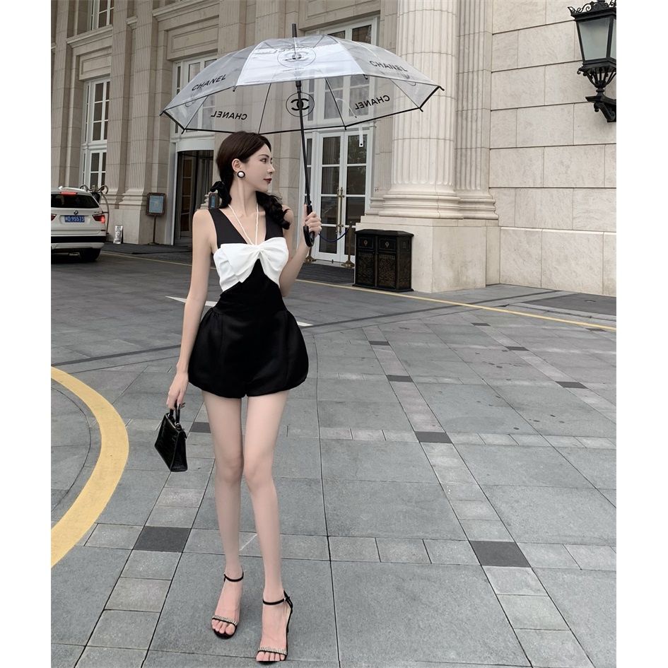 Bán Chạy!Bộ Áo Liền Quần Không Tay Đính Nơ Ngọc Trai Đen/Trắng Thời Trang Mùa Hè Cho Nữ