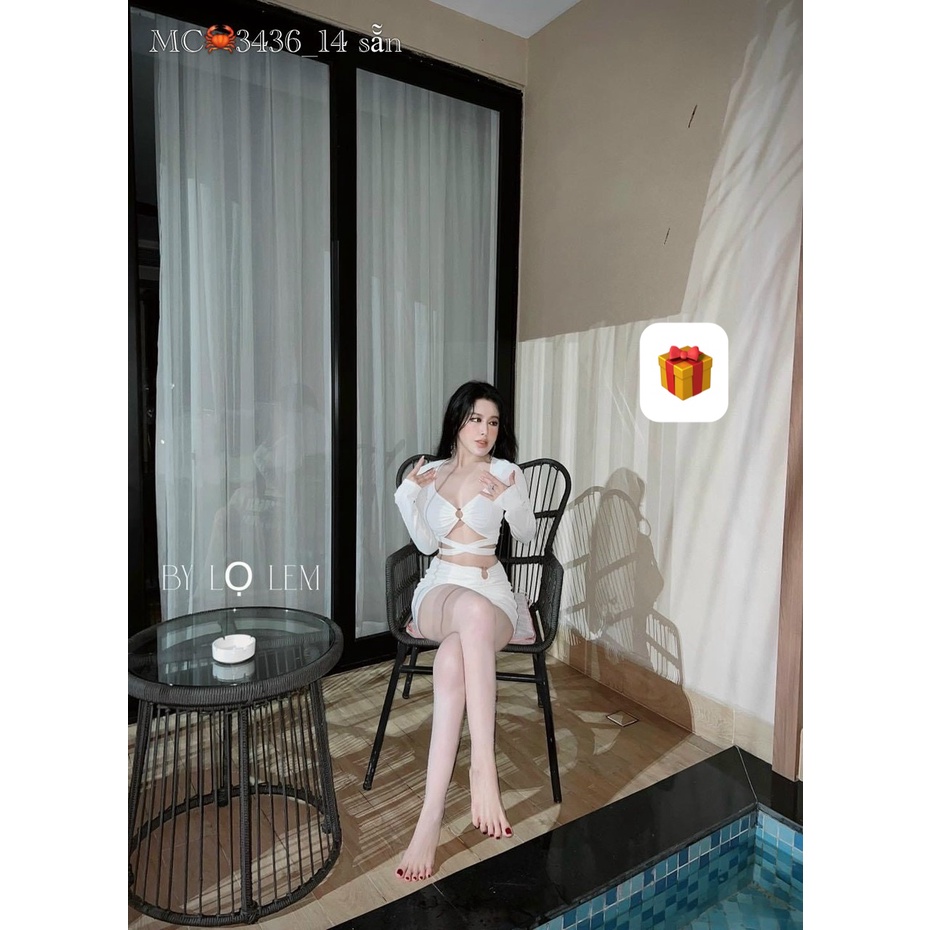 Đầm body nữ kiễu xoắn ngực có mút dáng ngắn chất thun gân tay dài khoét eo hot MK72