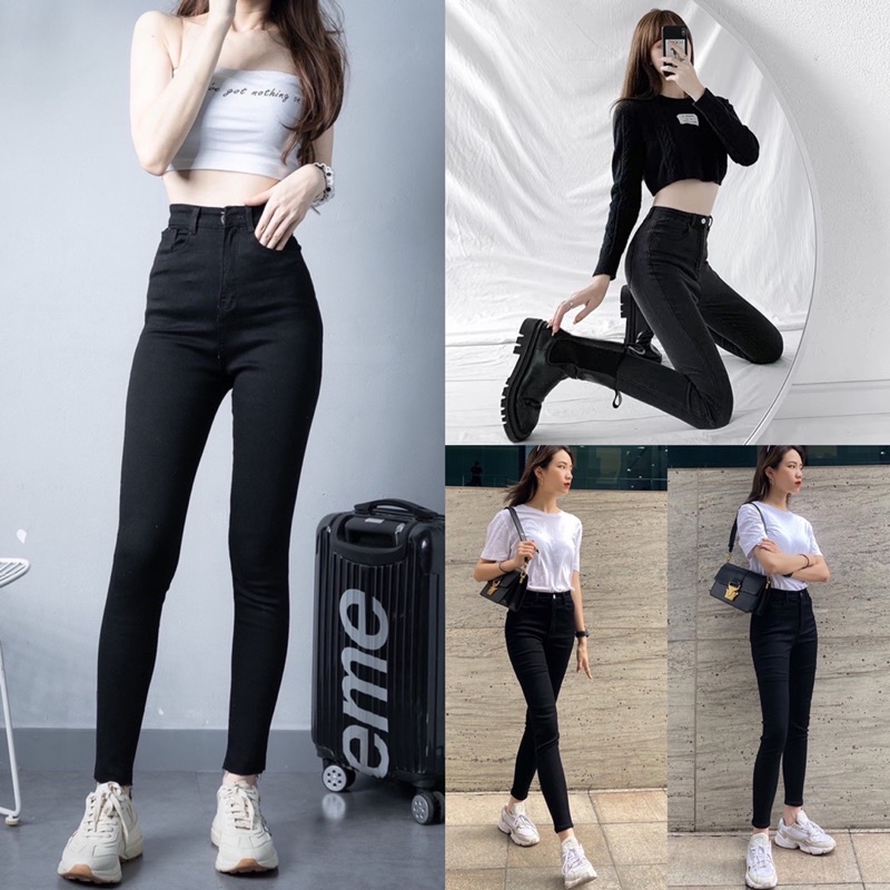 Quần Jeans Mềm Nữ Skinny Lưng Cao, Quần bò nữ ôm cạp cao màu đen Co Giãn Tốt, Tôn Dáng