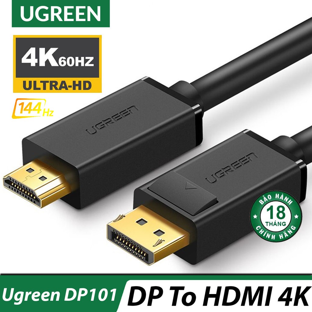 [Mã ELHACE giảm 4% đơn 300K] Dây Displayport Sang HDMI Ugreen DP101 Chính Hãng - 4K*60Hz - BH 18T đổi mới