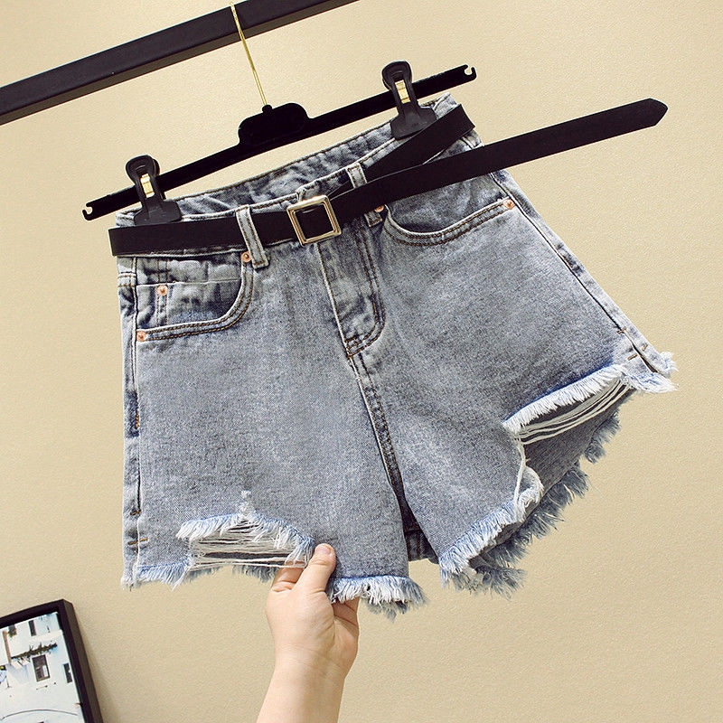 Quần short denim SUXI lưng cao ống rộng phối rách cá tính phong cách Hàn Quốc