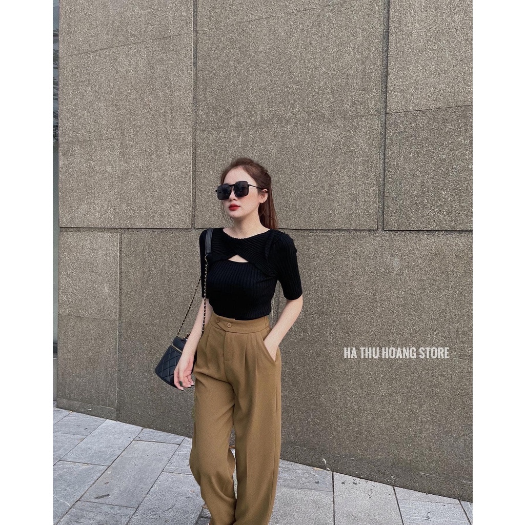Set len tăm cổ chéo mix quần suông áo hở ngực DN100